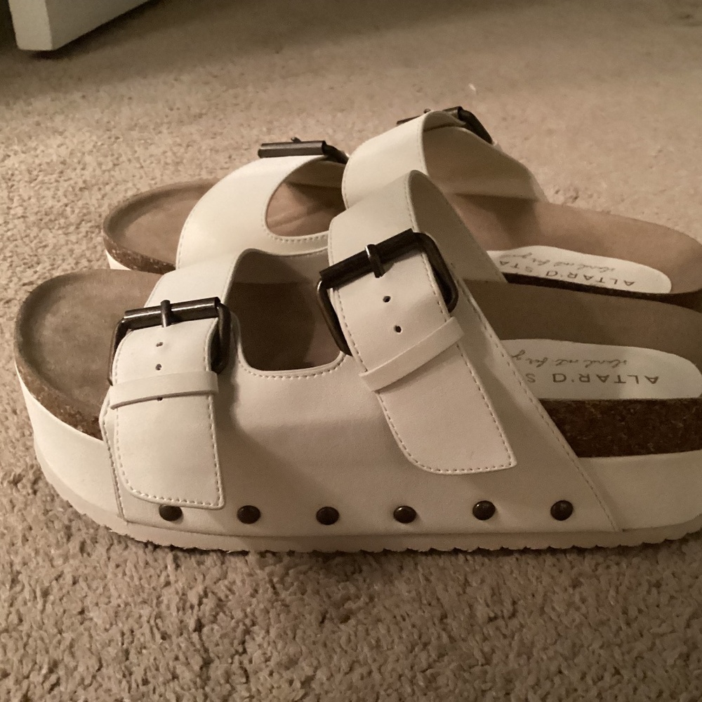 Altar'd State White Double Buckle Platform Sandals with Stud Accents